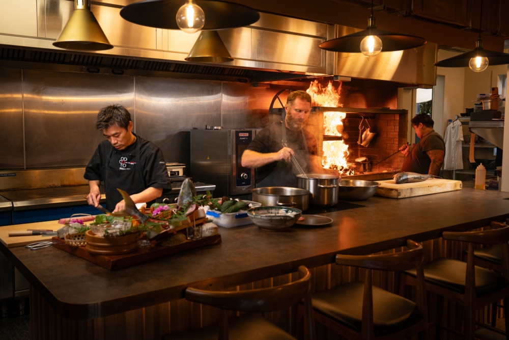 Haku Kingfish being prepared by chefs Makoto Tokuyama, Cory Campbell and Neil Sapitula at Matakana's Rothko Restaurant. 