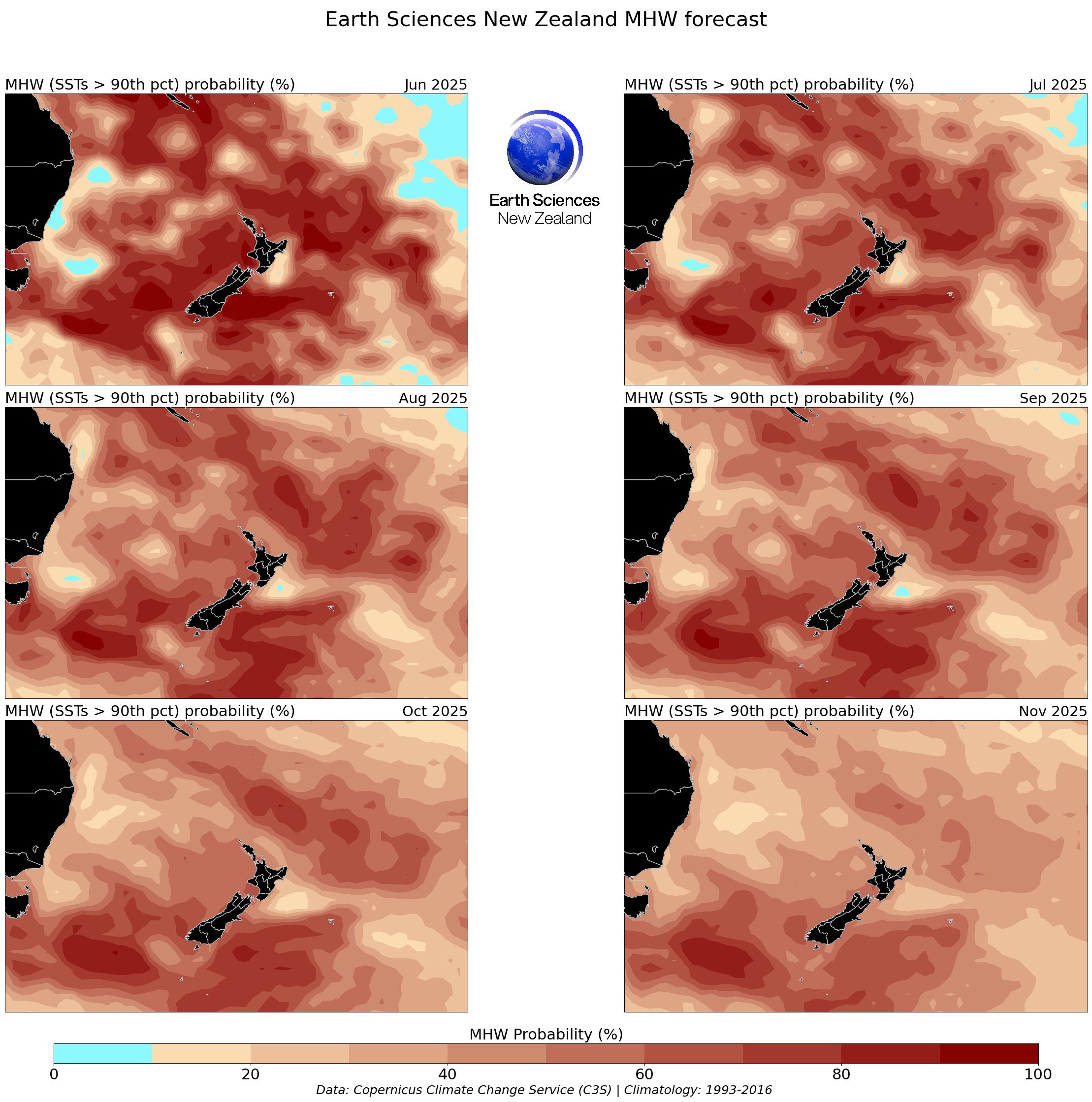Marine heat wave probability June - November 2025.