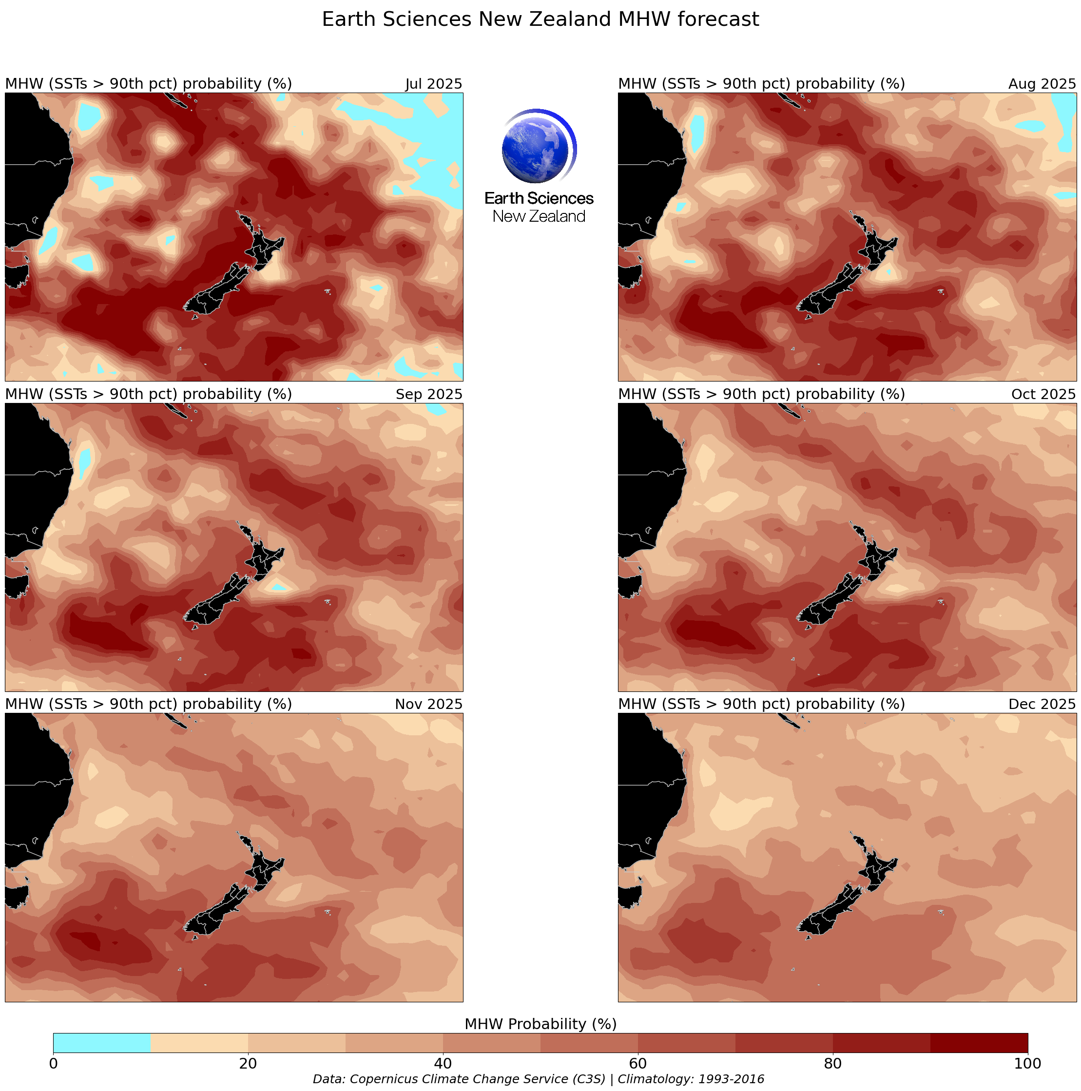 Marine heat wave probability July - December 2025