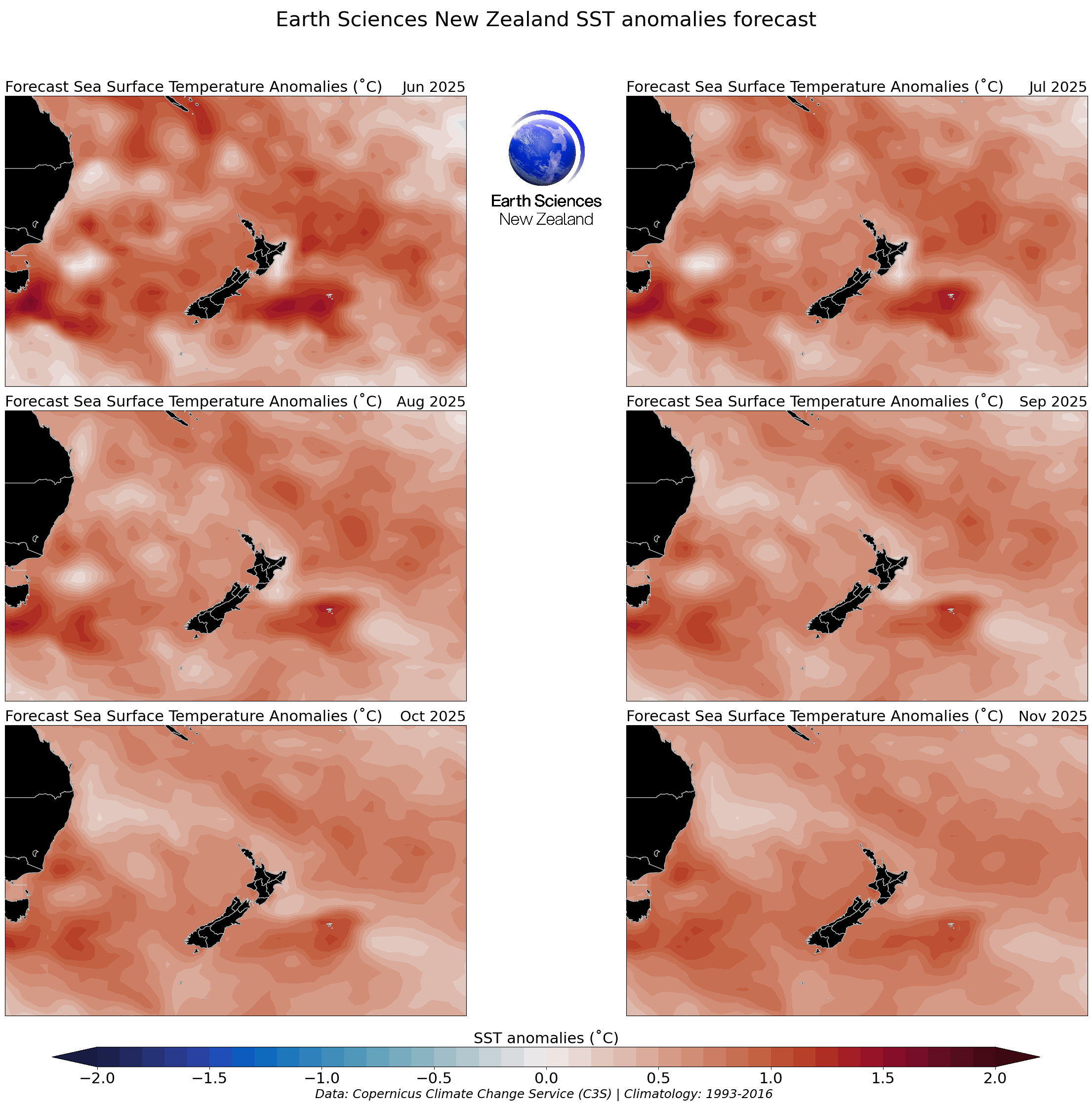 Forecast sea surface temperature anomalies June - November 2025.
