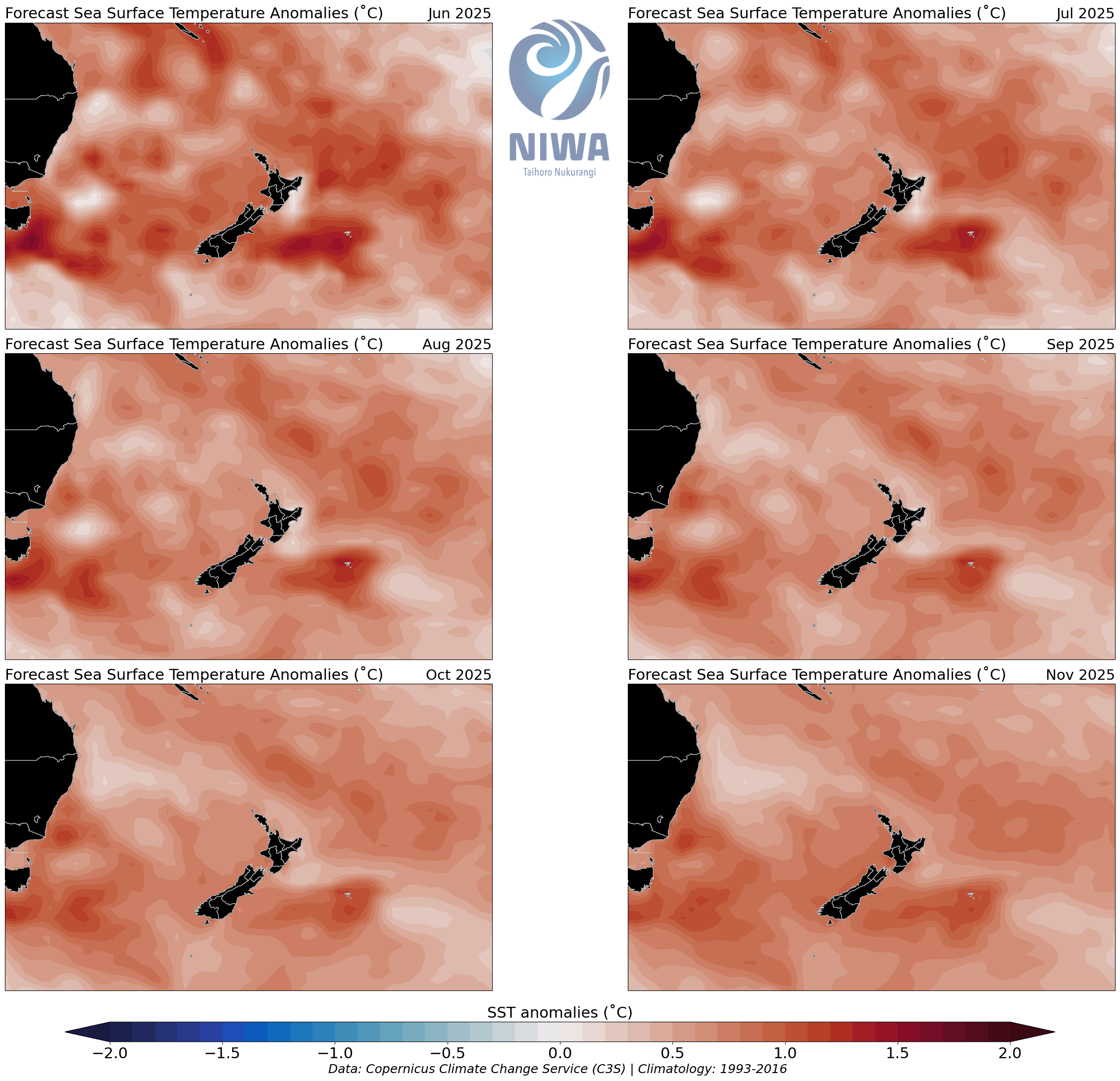 Forecast sea surface temperature anomalies June - November 2025.