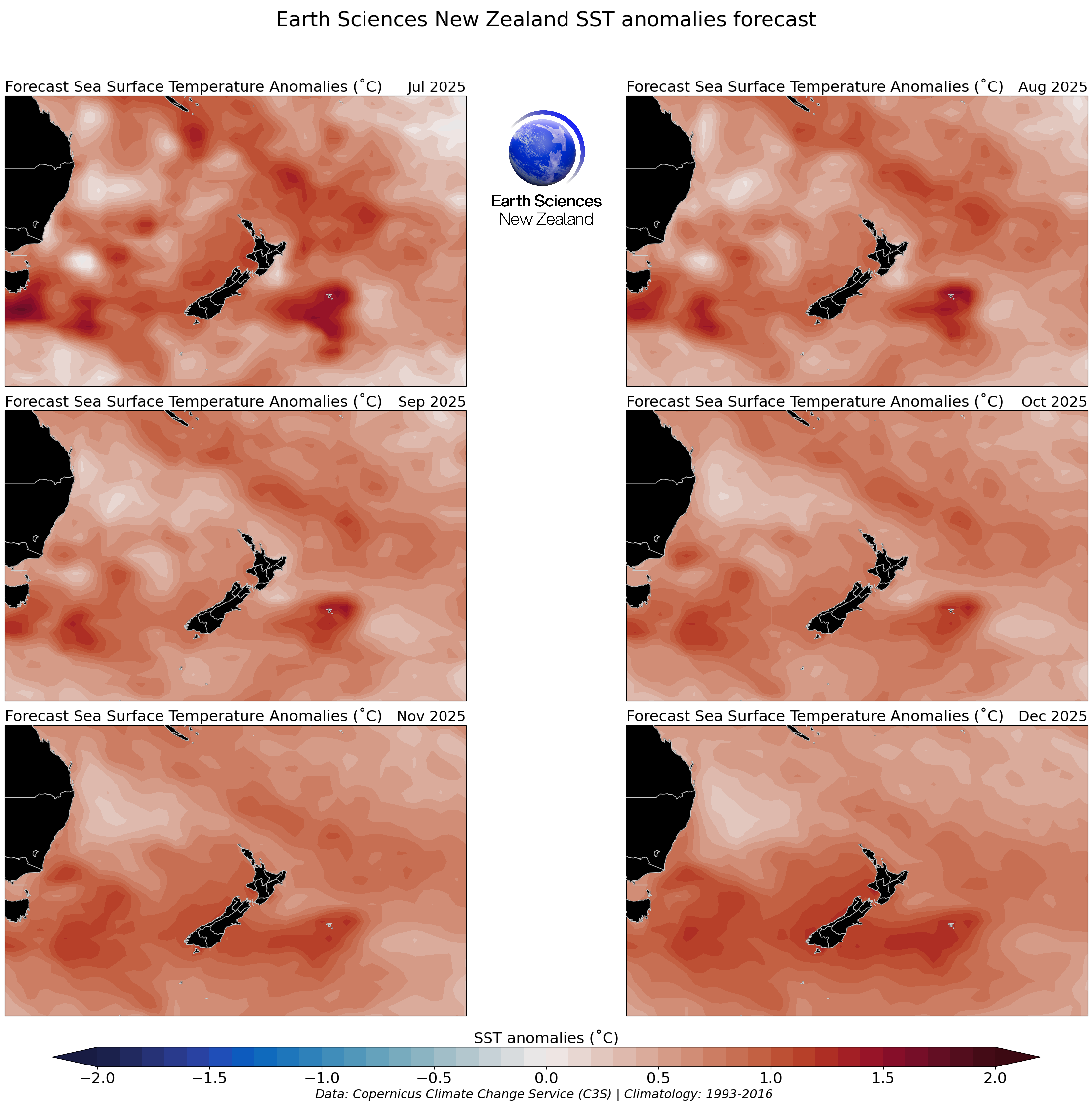 Forecast sea surface temperature anomalies July - December 2025.