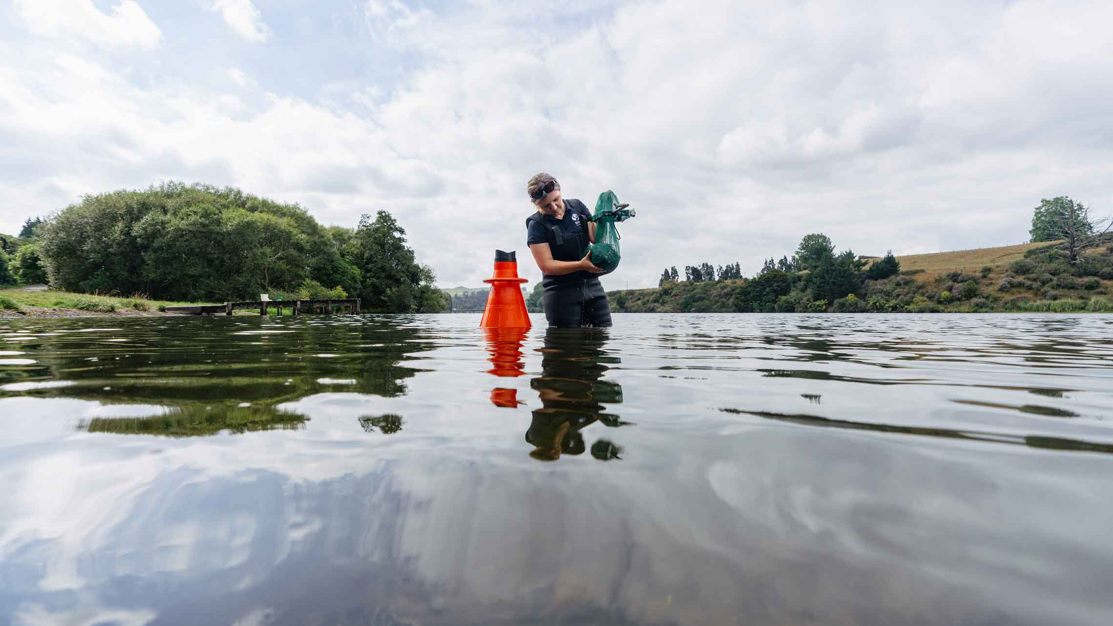 NIWA Freshwater Fish Ecologist, Michele Melchior, using a NIWA-designed clam net to efficiently collect gold clams at Bob's Landing, Waikato river.