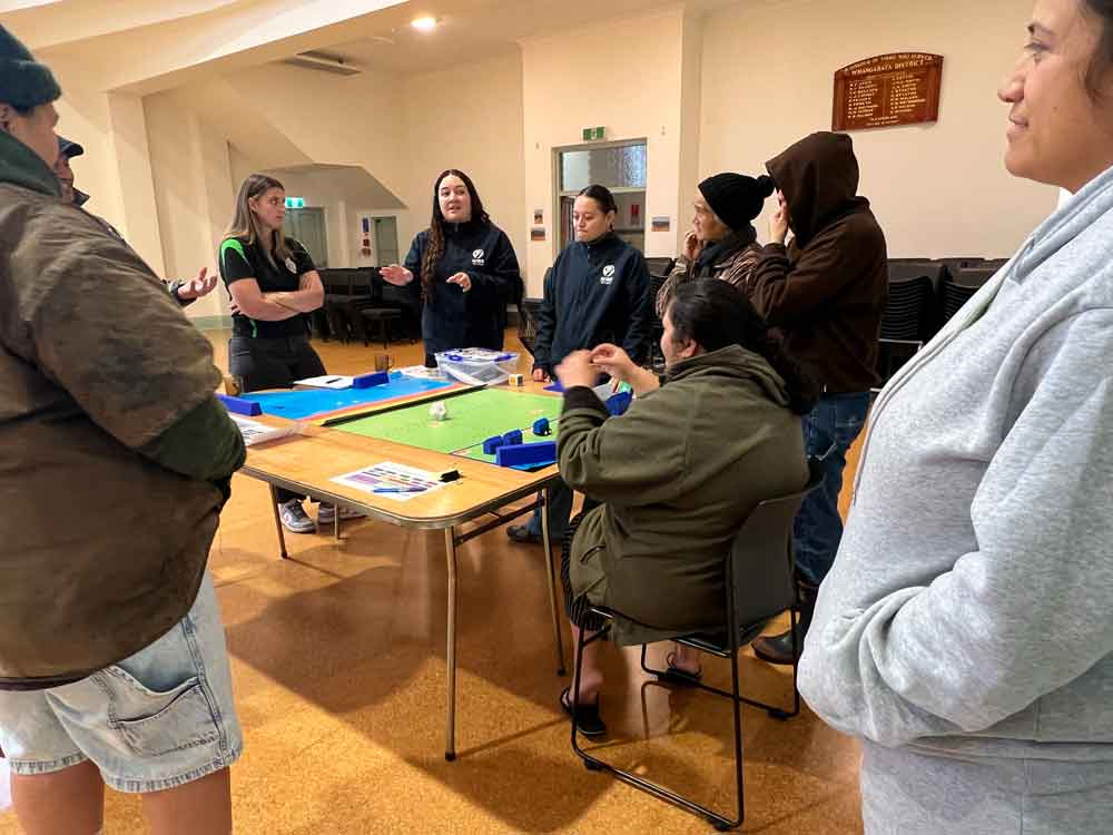 Tauranganui Marae game workshop held at Tuakau Hall in July 2025, part of an iwi-led climate change adaptation information hui. 