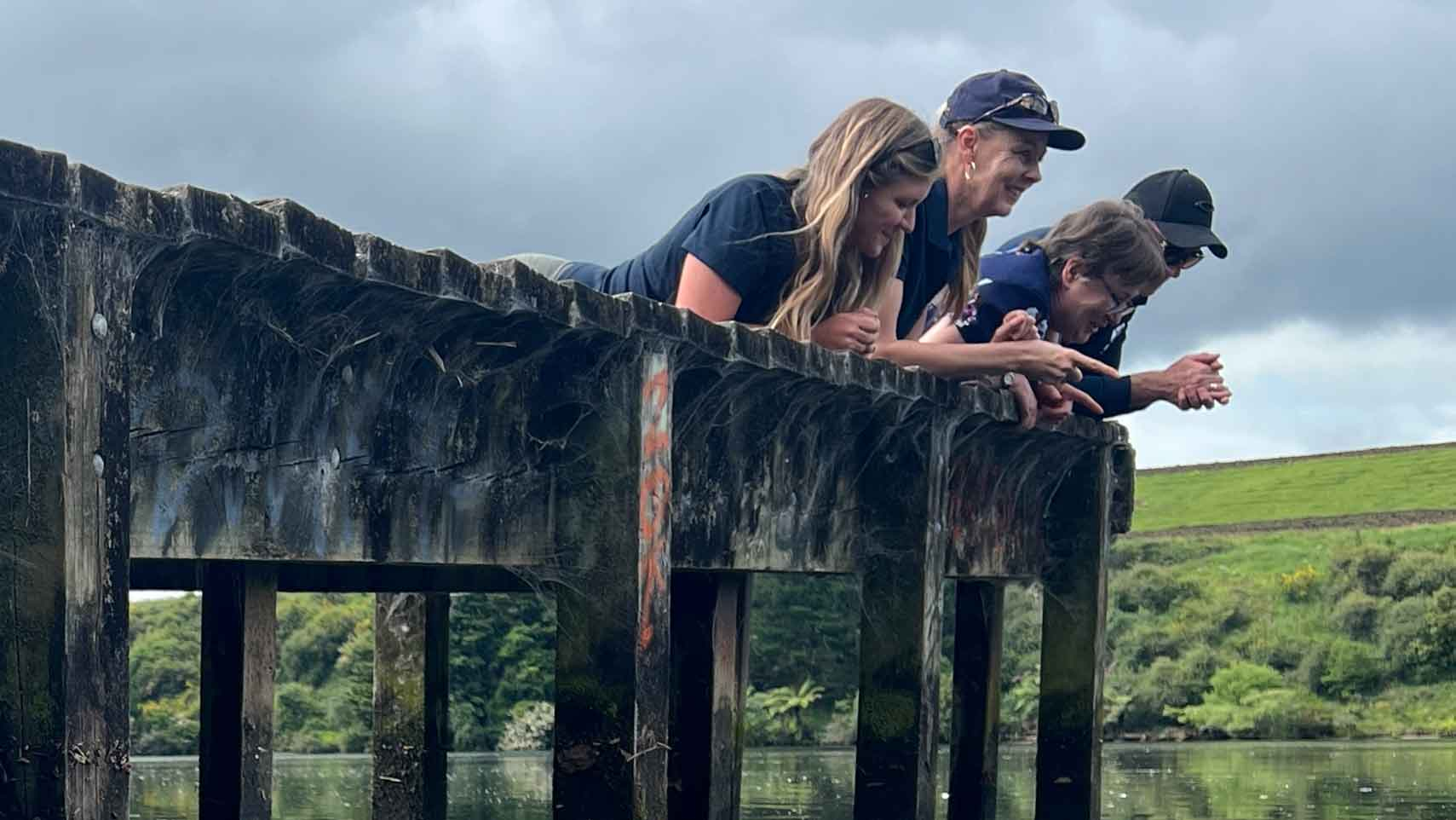 Earth Sciences NZ ecologists and visiting clam expert from Ireland, Prof. Frances Lucy, at Bob’s Landing on Lake Karāpiro. 