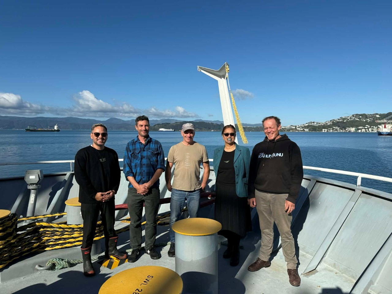 Nate Rowe (Mana Whenua Te Āti Awa o Te Upoko o te Ika), Joshu Mountjoy, Cliff Law, April Nepia-Su’a and Shade Smith (Ngāti Kahungunu) on RV Tangaroa before sailing on the RaGAS voyage to Te Matau-a-Māui Hawke Bay in May 2026.