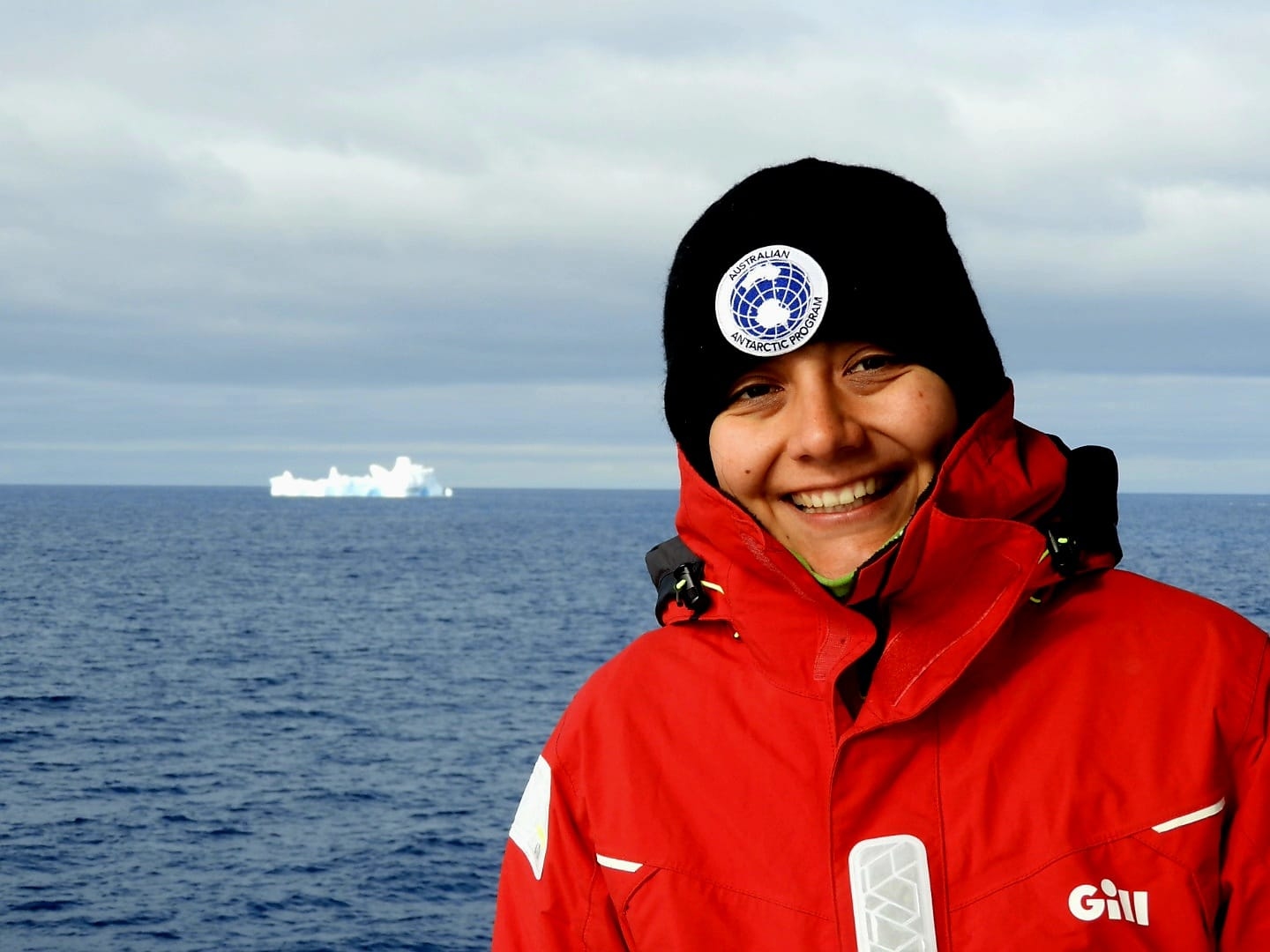 Pamela Olmedo-Rojas in front of one of the first ice bergs
