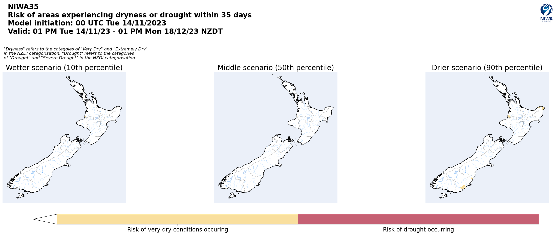 Risk of areas experiencing dryness for 35 days from 14 November 2023